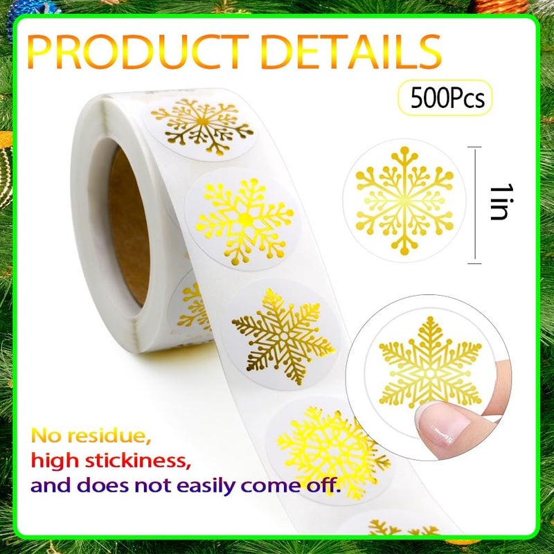 RUPOFUZA 500Pcs Christmas Stickers Roll for Cards 6 Designs Gold Foil Snowflake Stickers Clear Xmas Winter Holiday Round Adhesive Label Stickers Decal for Xmas Envelopes Invitations Cards Gifts Decor - Image 3